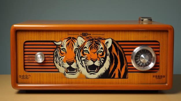 Um rádio antiquado com dois tigres nele.