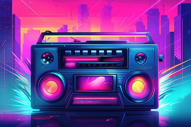 Um rádio com um fundo neon e as palavras rádio nele