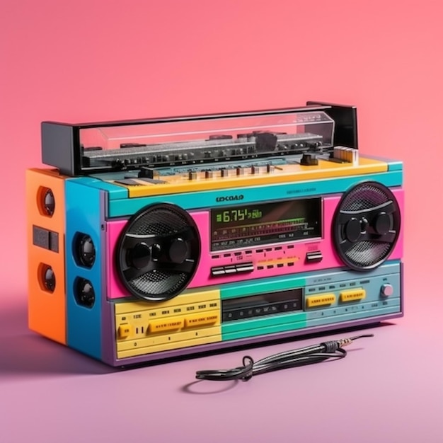 Um rádio multicolorido com um relógio.