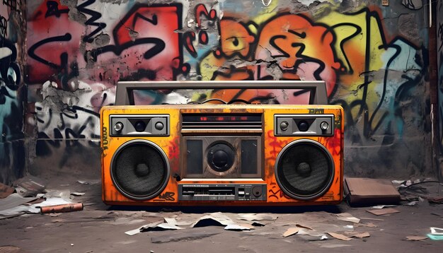 Foto um rádio vintage em frente à parede de graffiti