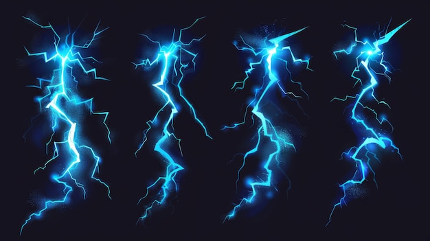 Um raio atinge o chão efeito VFX azul elétrico ou mágico raio golpe impacto rachadura e energia bruxo flash desenho animado conjunto moderno isolado em fundo preto