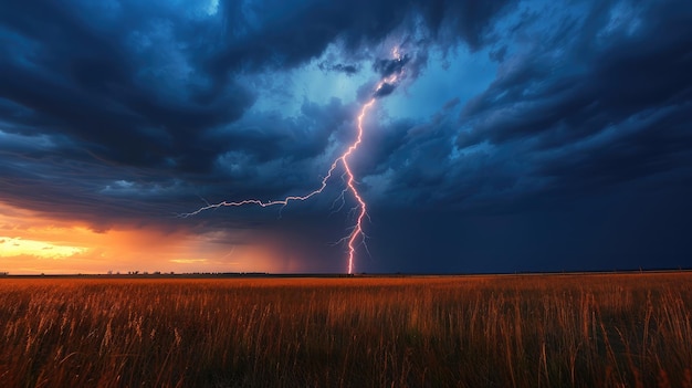Um raio no horizonte durante uma tempestade elétrica nas pradarias