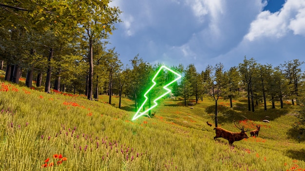 Um raio verde com um efeito neon em uma renderização 3d de ambiente digital