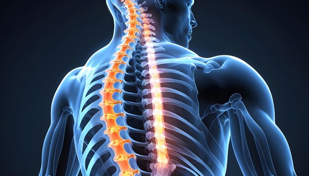 Um raio-X 3D da coluna torácica retratando desalinhamento vertebral e tensão muscular