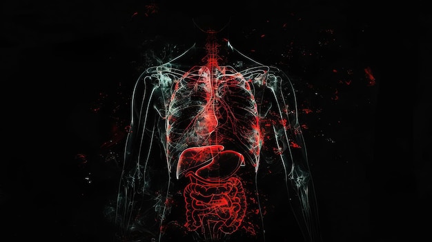 Foto um raio-x de peito com tema diabólico de um homem saudável mostrando os pulmões, coração, coluna vertebral, clavícula e diafragma destacados com elementos visuais sombrios e motivos infernais