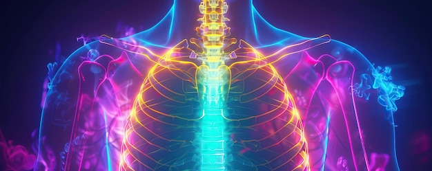 Foto um raio-x médico do peito de um homem detalhado com a coluna vertebral e as clavículas vividamente delineadas com luz de néon