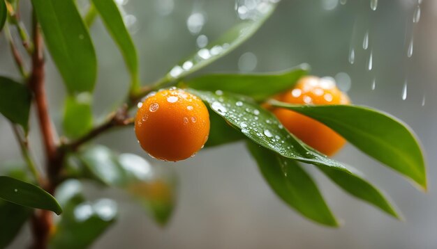 um ramo com bagas de laranja e gotas de água nele