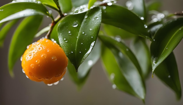 um ramo com laranjas e gotas de água