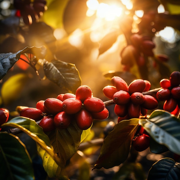 um ramo de café vermelho com o sol atrás dele