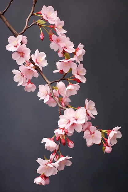 um ramo de cerejeira em 3D com foco nas delicadas pétalas cor-de-rosa contra um fundo contrastante