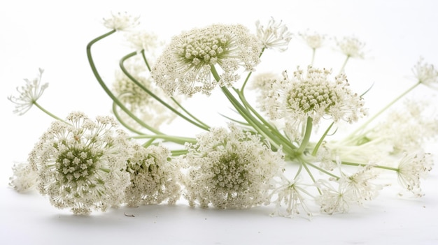 Um ramo de flores brancas com a palavra dente de leão no fundo.