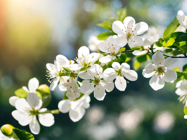 Foto um ramo de flores brancas com folhas verdes as flores estão em plena floração e a luz do sol está brilhando sobre elas