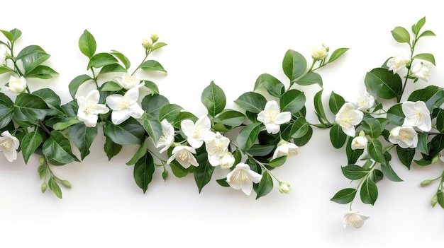 Foto um ramo de flores brancas com folhas verdes e flores brancas