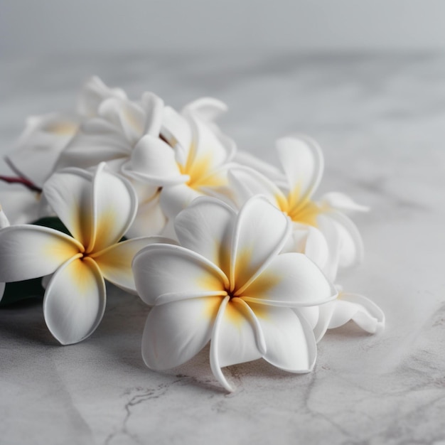 Um ramo de flores brancas e amarelas sobre uma mesa de mármore.