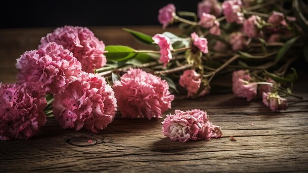 Um ramo de flores cor de rosa em uma mesa de madeira