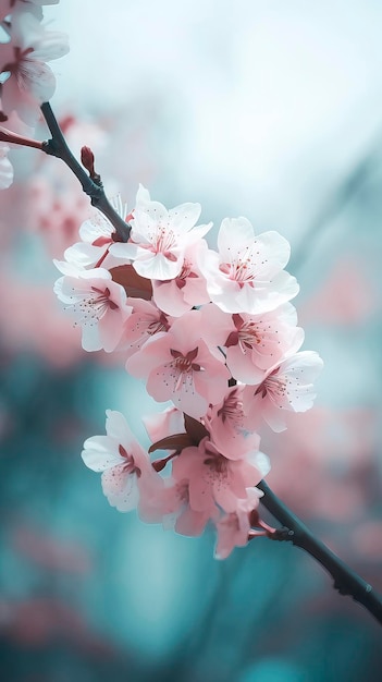 Um ramo de flores de cerejeira com flores cor de rosa