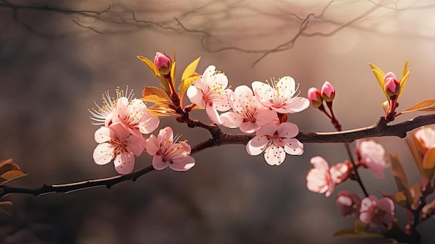 Um ramo de flores de cerejeira com flores cor de rosa