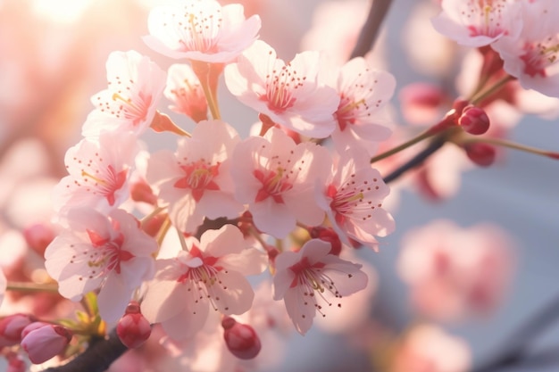 Um ramo de flores de cerejeira com flores cor de rosa