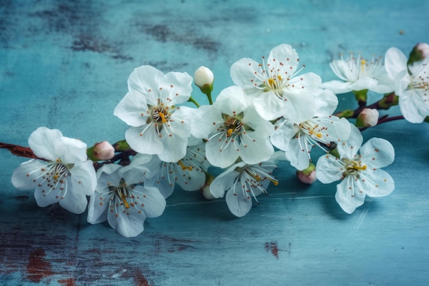 Um ramo de flores de cerejeira em um fundo azul