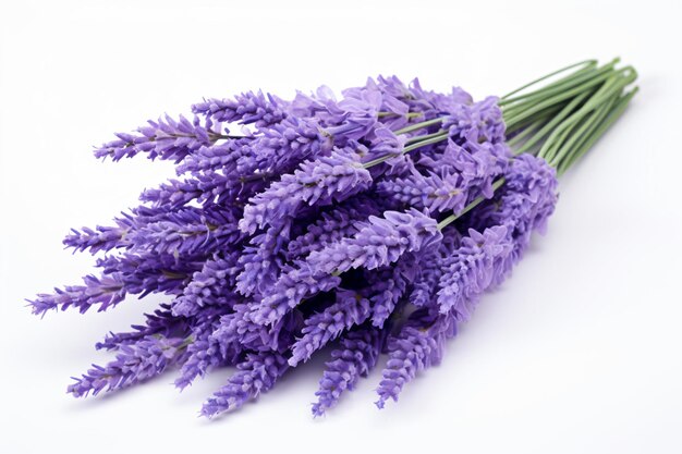 um ramo de flores de lavanda em uma superfície branca