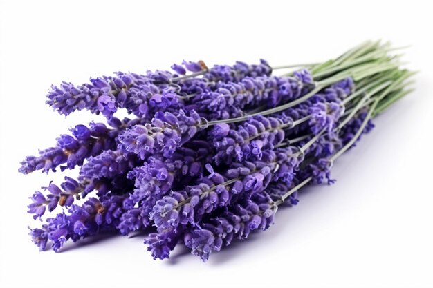 um ramo de flores de lavanda em uma superfície branca