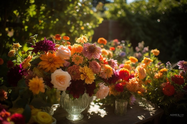 Um ramo de flores em um jardim com o sol brilhando sobre elas