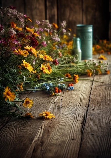 Um ramo de flores em um piso de madeira com um vaso verde e um vaso azul com flores de laranja.
