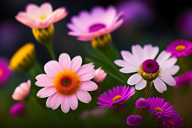 Um ramo de flores que são rosa e roxo