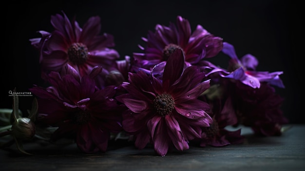 Um ramo de flores roxas em uma mesa