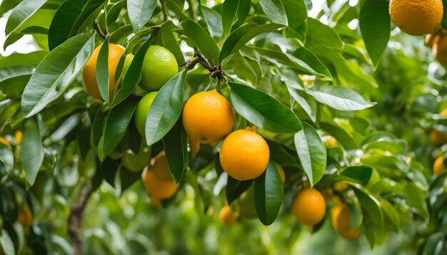 um ramo de laranjas com folhas verdes e laranjas nele