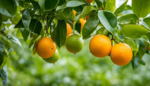 Foto um ramo de uma árvore com laranjas e folhas verdes