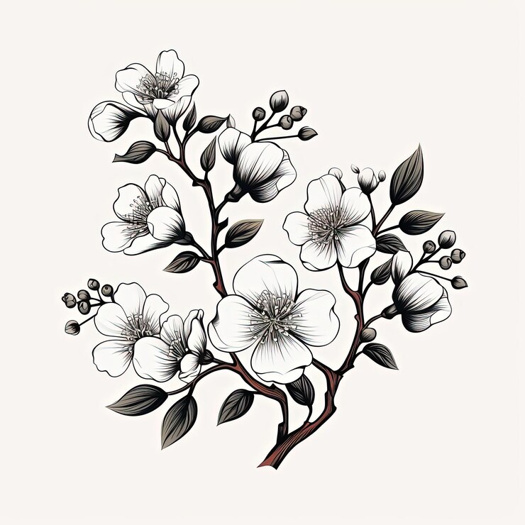 Foto um ramo florescente desenhado à mão em tons de preto e branco no estilo de desenho animado simplista