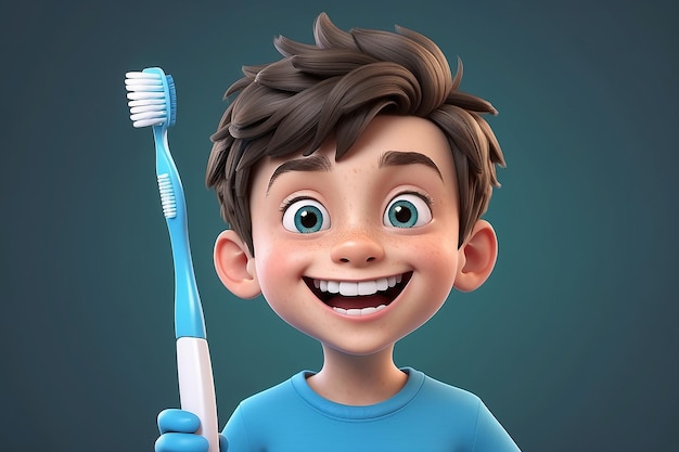 Um rapaz adolescente de desenho animado em 3D com uma escova de dentes.