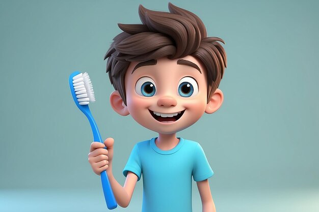 Um rapaz adolescente de desenho animado em 3D com uma escova de dentes.