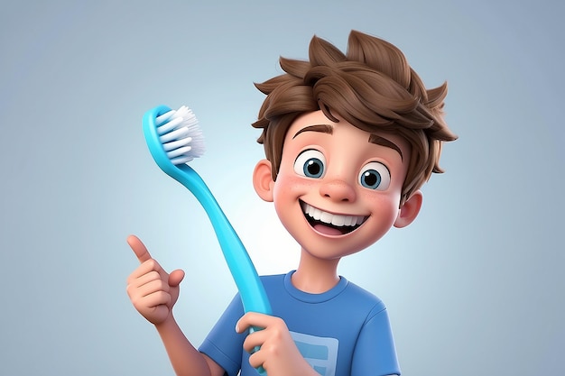 Um rapaz adolescente de desenho animado em 3D com uma escova de dentes.