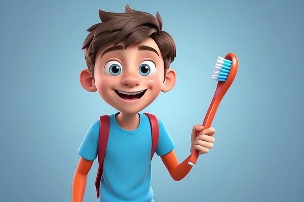 Um rapaz adolescente de desenho animado em 3D com uma escova de dentes.