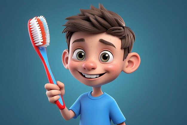 Um rapaz adolescente de desenho animado em 3D com uma escova de dentes.