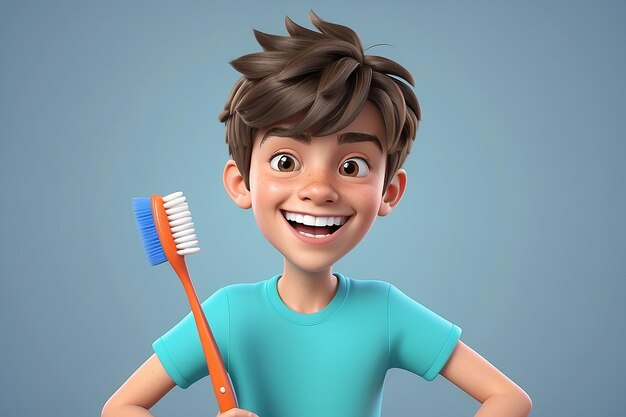 Um rapaz adolescente de desenho animado em 3D com uma escova de dentes.