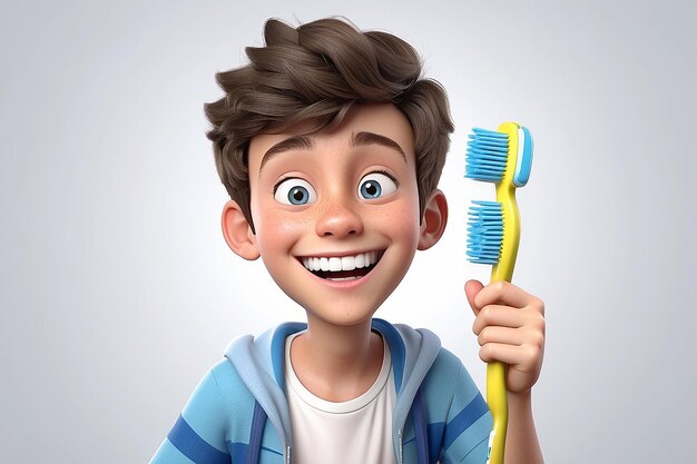 Um rapaz adolescente de desenho animado em 3D com uma escova de dentes.