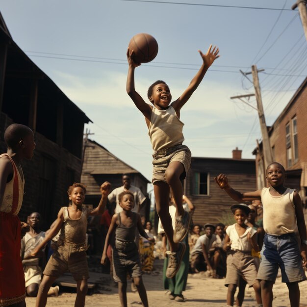 Um rapaz africano a saltar com basquetebol com outras crianças a ver.