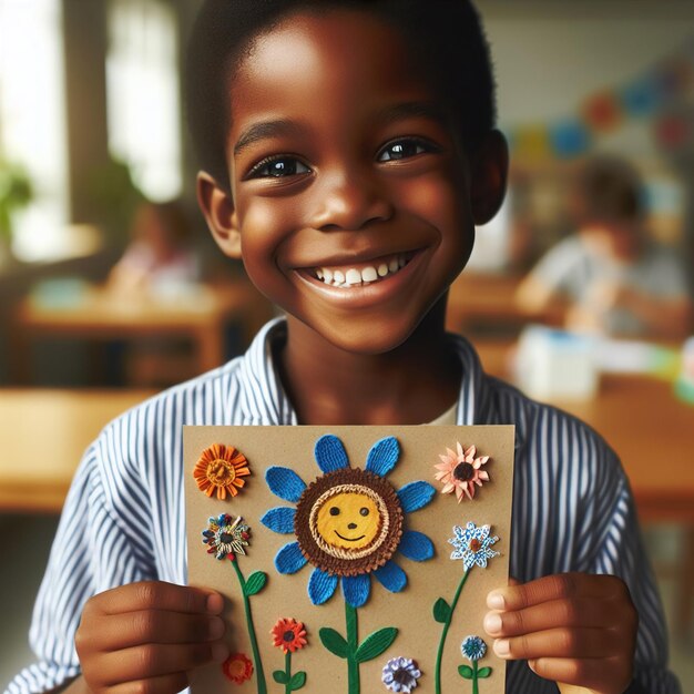 Um rapaz africano fez um sorriso de arte.