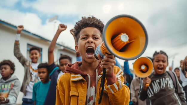 Um rapaz afro-americano a gritar para um alto-falante de megafone. Mais miúdos negros atrás dele.