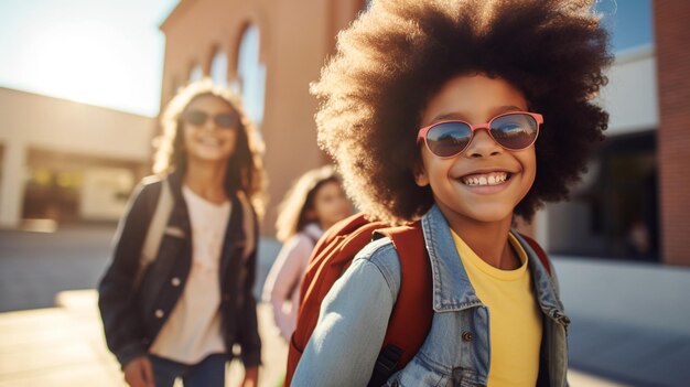 Foto um rapaz afro feliz com amigos a sair da escola juntos.