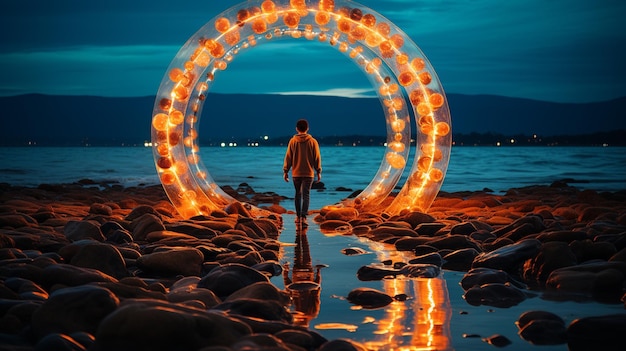 Um rapaz anda numa praia com um grande círculo de fogos de artifício no meio do oceano.
