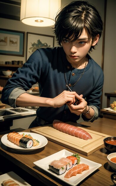 Um rapaz asiático bonito trabalha numa cozinha de rua japonesa. Um rapaz Asiático bonito a fazer comida de rua no Japão.