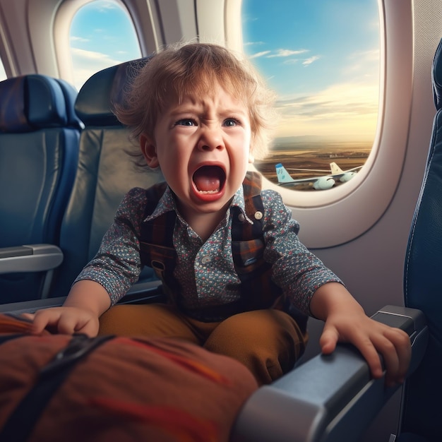 Um rapaz assustado a gritar na janela de um avião a voar.