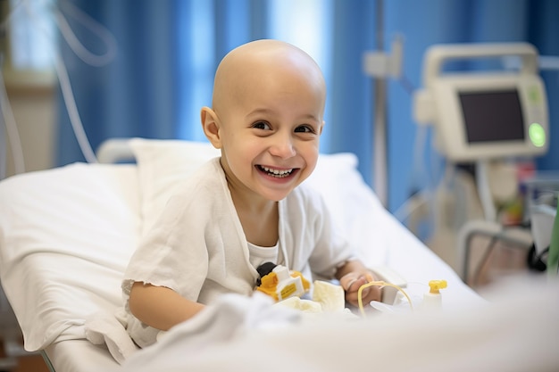 Um rapaz careca a sorrir na cama de um hospital com cancro.