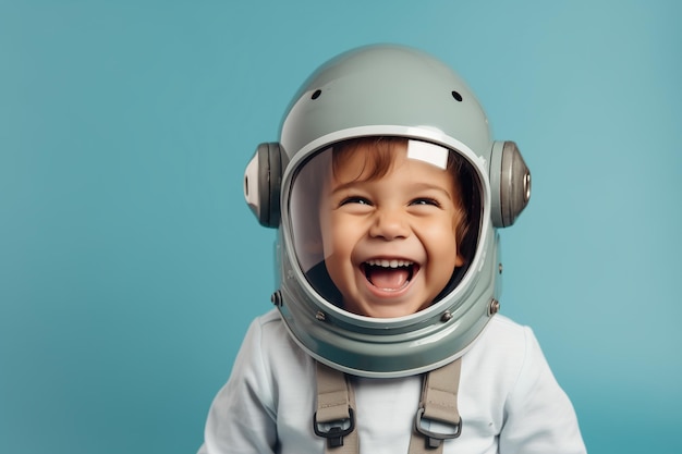 Um rapaz caucasiano sorridente com um capacete de astronauta.