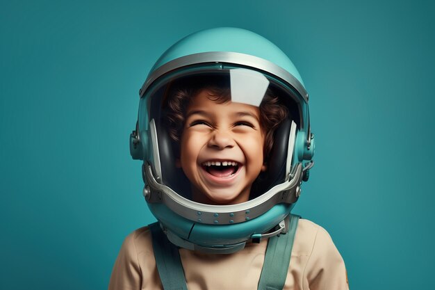 Um rapaz caucasiano sorridente com um capacete de astronauta.