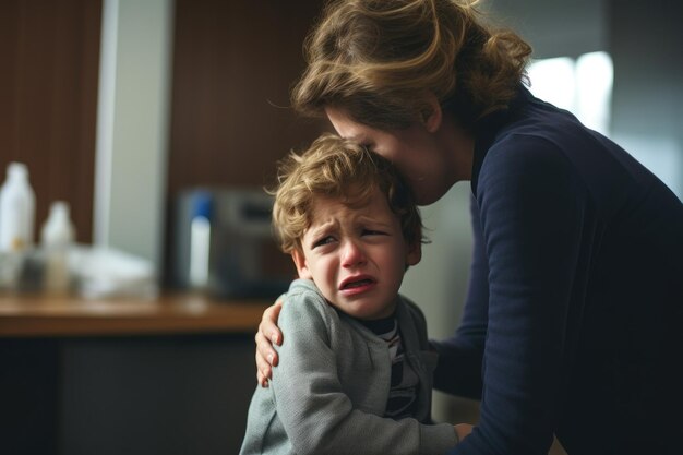 Um rapaz chateado a chorar no consultório de um médico.